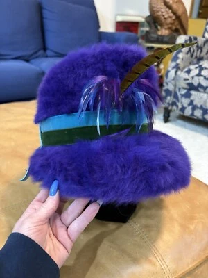 Vintage 1960s Mousse HB chapeaux hat Purple fur With Feathers Made In France NOS - Image 1 of 4