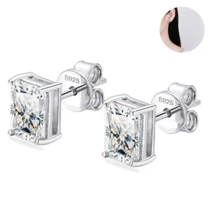 D VVS1 Radiant Cut Moissanite Stud Earrings S925 Silver 18K White Gold Plated - Picture 1 of 13