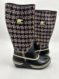 Sorel Sorellington TXT Pink Black Tweed Knit Pull-on Rubber Rain Boots Size 7 - Picture 1 of 10