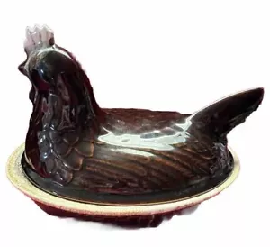 Rooster Casserole Dish Brown Dip Finish Basket Weave Bottom Vintage 10x8x7.5” - Picture 1 of 6