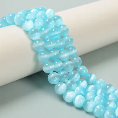 Aqua Blue Color Selenite Smooth Round Beads Size 6mm 8mm 10mm 15.5'' Strand - Image 1 of 2