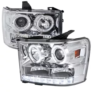For 07-13 GMC Sierra Chrome Projector Dual Halos Headlights w/White LED DRL - Picture 1 of 3