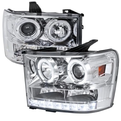 For 07-13 GMC Sierra Chrome Projector Dual Halos Headlights w/White LED DRL - Image 1 of 3