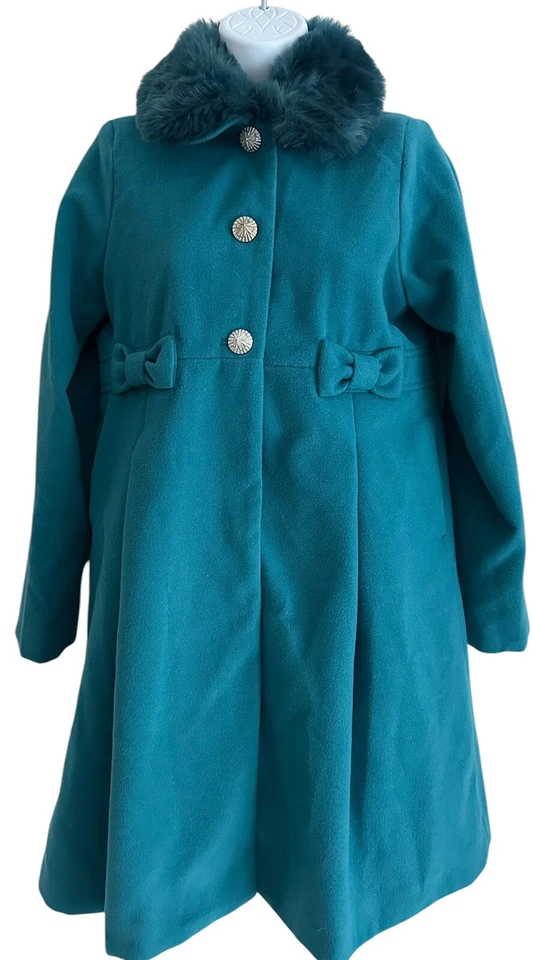 Rothschild Girl Coat Teal Faux Fur Collar Fully Lined Decorative Buttons Bows 16 - Image 1 of 4