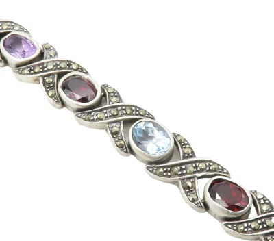 925 Silver  Vintage Topaz Amethyst Garnet & Marcasite Chain Bracelet  BT5987 - Image 1 of 4