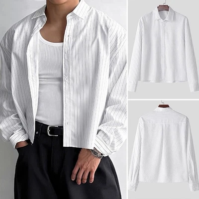 Camisa corta a rayas de manga larga informal estilo coreano para hombre ropa de calle top Foto 1 de 4