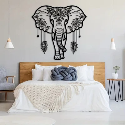 Arte de pared de elefante de hierro forjado diseño floral bohemio para decoración de sala de estar Foto 1 de 4