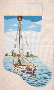 Needlepoint Handpainted Christmas Sailing Stocking Needle Crossings 19" - Picture 1 of 4