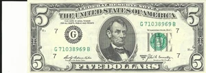One $5 FRN "G" 1969A old style small head circulate but very clean - Picture 1 of 2