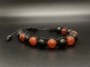 Red Jasper & Matte Black Onyx Hemp Bracelet Handmade Unisex - Picture 1 of 2