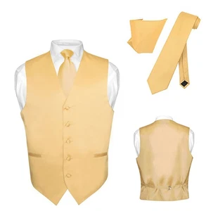 Men's Dress Vest NeckTie Hanky Solid GOLD Color Neck Tie Set for Suit Tuxedo M - Imagen 1 de 4