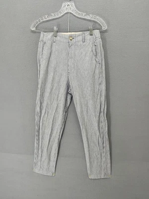 优衣库裤子女式 XS 蓝色白色条纹棉亚麻直筒休闲春季 — 第 1/4 张图片