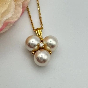 MIKIMOTO Necklace k18 3P Pearl / 1P Diamond Engraved limited From JAPAN - Picture 1 of 9