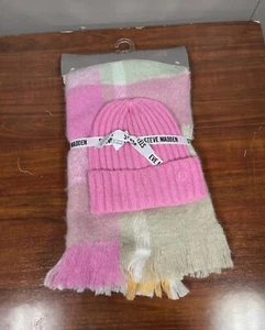 Steve Madden Pink Beanie and Multicolor Scarf w/ Fringe Set One Size - Picture 1 of 2