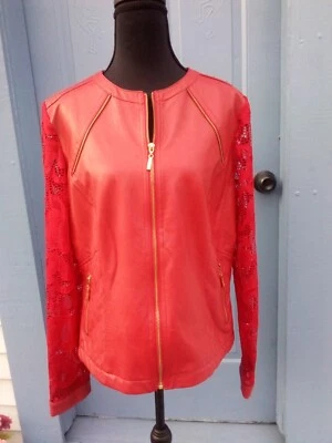 Chaqueta Peter Nygard Roja Imitación Cuero Mangas Largas Encaje Talla M Bolsillos con Cremallera Foto 1 de 4