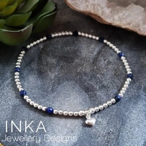Inka 925 Sterling Silver handmade beaded Anklet with Lapiz and a Heart charm - Picture 1 of 6