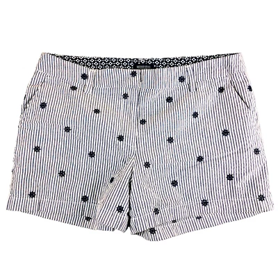 British Khaki Seersucker Shorts Blue White Womens 12 Striped Nautical Embroidery - Image 1 of 4