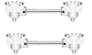 Nipple Ring Bars CZ Heart Body Jewelry Pair 14g 1/2'' 316L BV155 - Picture 1 of 1