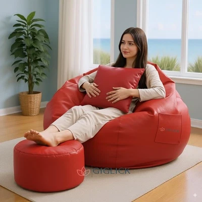 Bean Bag Chair Sofa Cover with Footrest Cover Faux Leather XXXL  Without Filling - Image 1 of 3