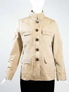 JANE POST S17 Beige Tan Frayed Edge Button Front Twill Safari Jacket Blazer S EC - Picture 1 of 11