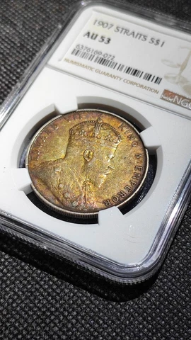 1907 $1 Dollar AU53 STRAITS SETTLEMENTS KING EDWARD VII $1 DOLLAR  Gold Patina Cover