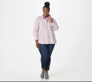 Isaac Mizrahi Live! Always Isaac Button Front Shirt Lavender Plaid Women’s Reg 0 - Picture 1 of 6