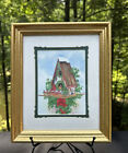 Bambi Papais Cardinals At Christmas Bird House Framed Matted Watercolor S15