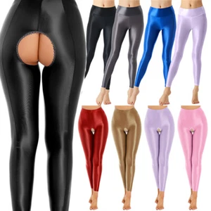 Women's Leggings Skinny Glossy Stretchy Open Crotch Elastic Waistband Yoga Pants - Picture 1 of 185