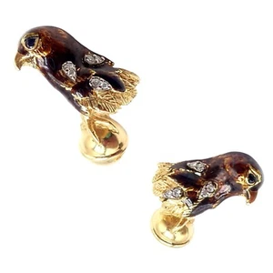 Vintage Tiffany & Co. 18k Yellow Gold Diamond Enamel Falcon Eagle Bird Cufflinks - Picture 1 of 16