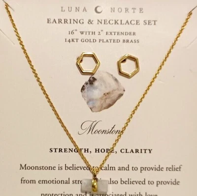 Luna Norte лунный камень подвеска ожерелье шестиугольник серьги-гвоздики комплект 14K золото покрытием - Изображение 1 из 4