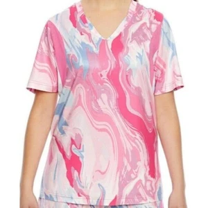 Womens V-Neck Top Pink Swirl Athletic Fit Short Sleeve Team 365 Moisture Wicking - Picture 1 of 4