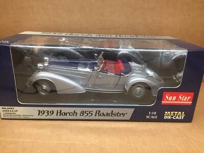 SUN STAR 1:18 SCALE DIE-CAST CAR 1939 HORCH 855 ROADSTER SILVER/BLUE MINT IN BOX - Image 1 of 4