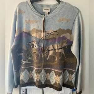 Vintage 90s/00s Monterey Koret Horse Carriage Dogs Zip Up Knit Sweater Large - Bild 1 von 10