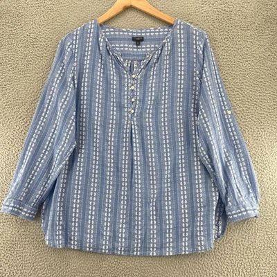 Top Talbots para mujer 1X Plus azul cambray rayas 1/4 botones lengüeta enrollable mangas Foto 1 de 4