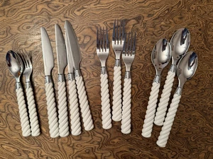 Stainless Steel Flatware with White Braided Handles: 4 Forks 4 Spoons 4 Knives - Picture 1 of 1