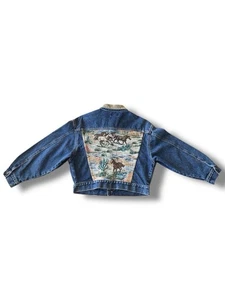Vintage 90s Guess Jeans Horse Tapestry Suede Collar Western Denim Jacket Size M - Bild 1 von 23