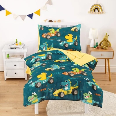 - Juego de cama de dinosaurio para niños, colorido coche de carreras Dino, 4 piezas cuna suave B... Foto 1 de 4