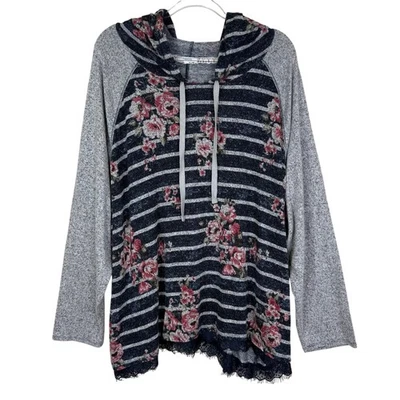 Maurices Hoodie Womens XXL Gray Navy Floral Stripe Lace Hem Pullover Top - Image 1 of 4