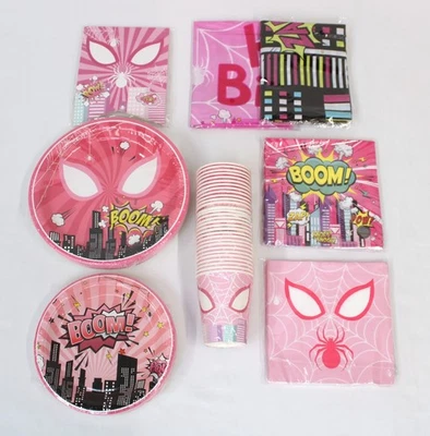 Ghost Spider Gwen Pink Girl Hero Birthday Party Supplies Set Plates Cups 123pc - Image 1 of 4