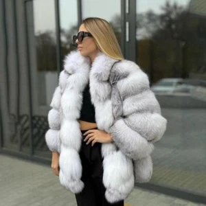 Fashion Real Marble Fox Fur Coats Winter Stand Collar Jacket Thick Warm Overcoat - Picture 1 of 5