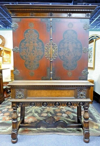 Antique BERKEY & GAY Carved Cabinet. Stenciled Birds. 2-Door,1-Drawer 63"H  1929 Cover