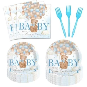 96Pcs Blue Bear Baby Shower Party Tableware Supplies Bear Plates and Napkins ... - Picture 1 of 6