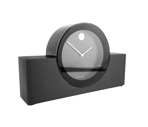 MOVADO Large Black Mantel Desk Round Clock On Stand Damaged New Original Box Cover