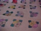 VINTAGE HAND PIECED QUILT, PANSY, MULTICOLORED FLOWERS, FEEDSACK, BLACK THREAD