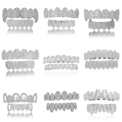 14K Gold Plated CZ Teeth Grillz Hip Hop Top Bottom Mouth Silver Grill Set Custom - Image 1 of 4