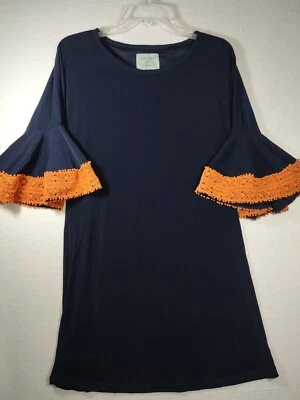 Judith March Anthropologie Bell Crochet Sleeve Dress Navy Blue/Coral Sz S Lined - Image 1 of 4
