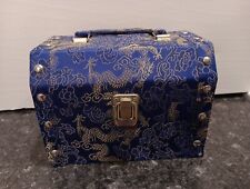 Vintage Jewelry Box Blue Satin W Gold Flower Dragon Asian Design  5.5"x7.5"x5.5"