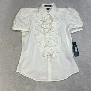 Lauren Ralph Lauren Ruffle Front Puff Sleeve Blouse White 100% Cotton - Picture 1 of 8