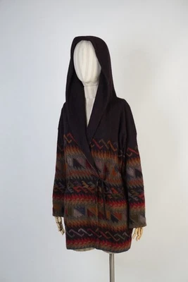 Peruvian Connection Hooded Alpaca Wool Cardigan Sweater Aztec Print Boho Small - Image 1 of 4