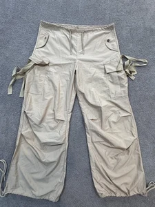 Y2K Parachute Cargo Pants Unisex L Beige Drawstring Waist Side Baggy - Picture 1 of 7